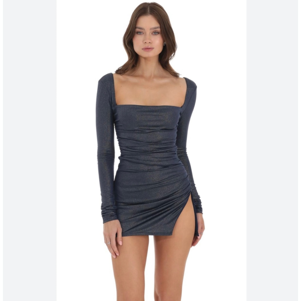 Lucy In The Sky Navy Shimmer Long Sleeve Side Slit Mini Dress Size Small